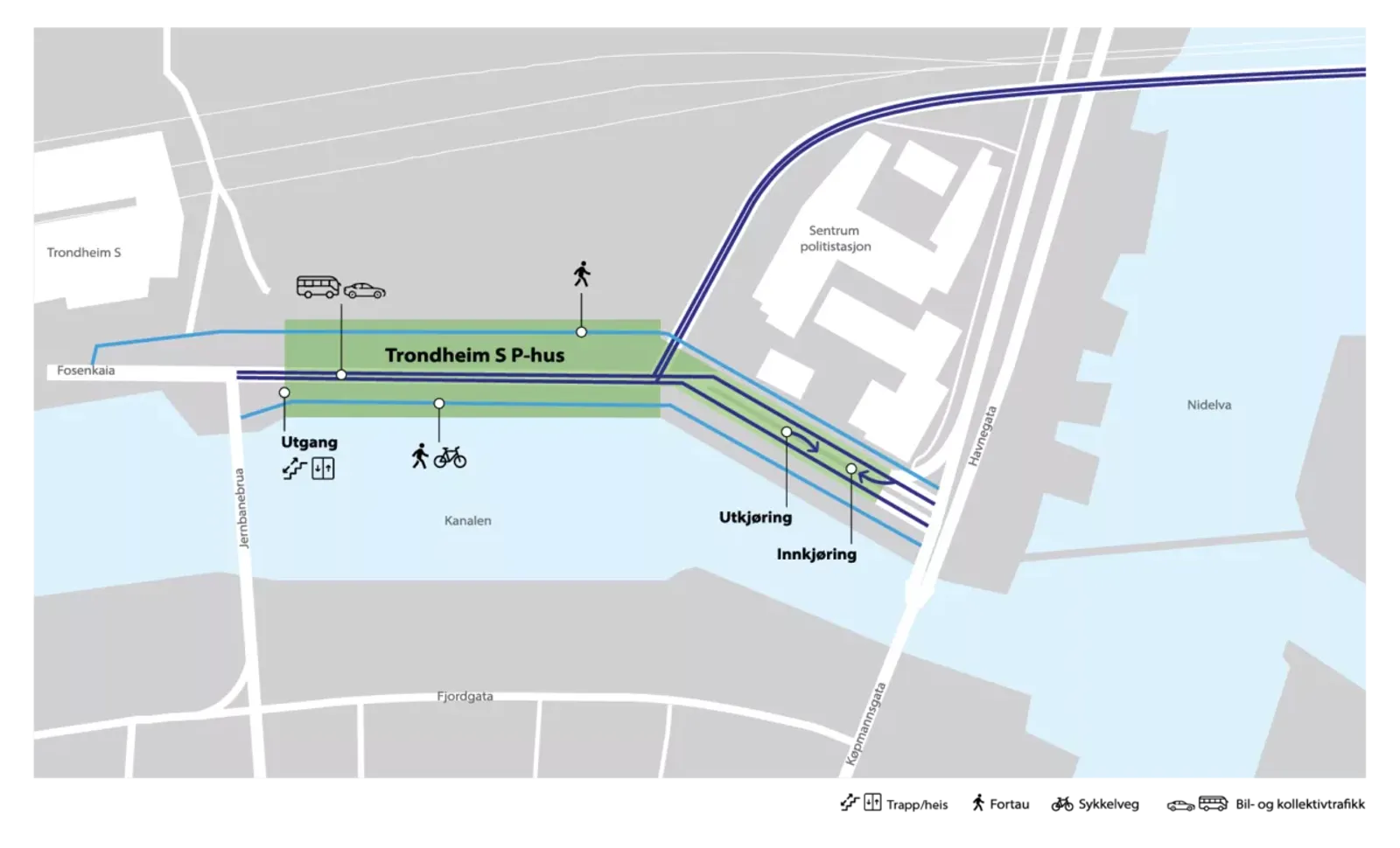 Kart over området som viser hvor inn- og utkjøring er fra kjelleren.