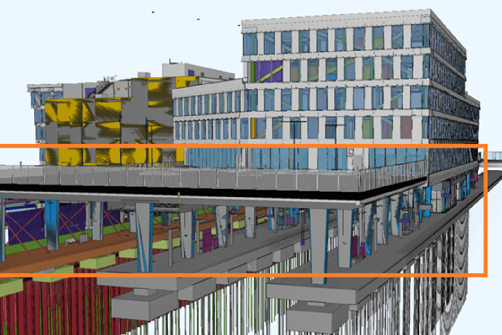 3D-modell som viser hvordan søylene er plassert ut på Trondheim S.