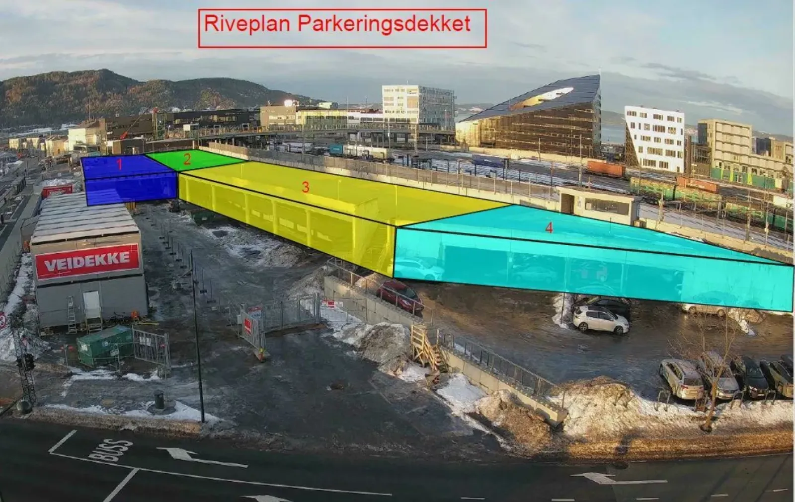 Illustrasjon over dagens parkeringsdekke som skal rives.