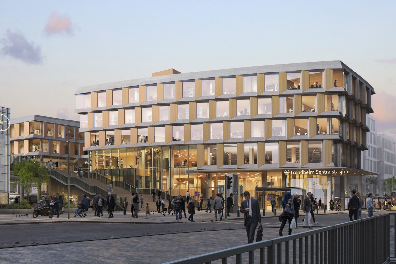 Illustrasjon over hvordan en moderne Trondheim Sentralstasjon skal se ut med store vindusflater