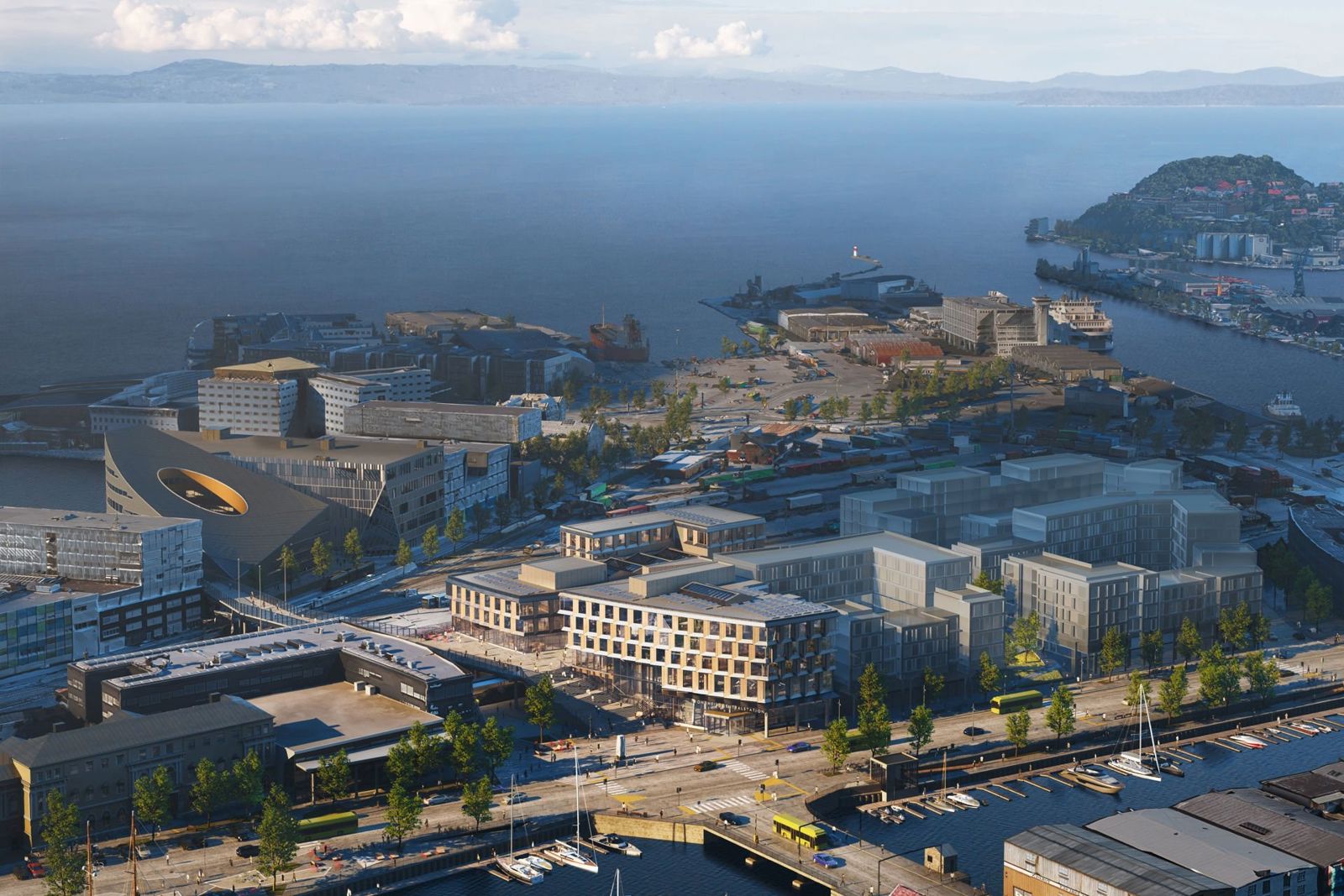 Oversiktsbilde over Trondheim S og Trondheimsfjorden